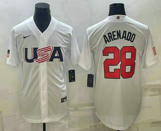 Mens USA Baseball #28 Nolan Arenado 2023 White World Baseball Classic Replica Stitched Jersey->2023 world baseball classic->MLB Jersey